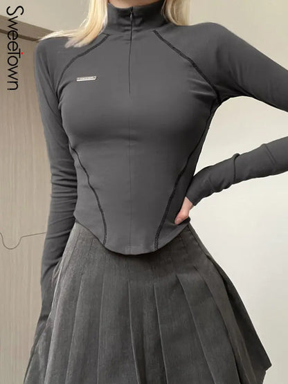 Gray Stitched Turtleneck Top