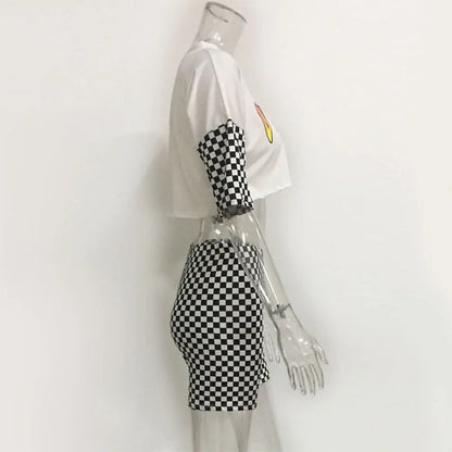 Sexy Letter Crop Top Plaid Bodycon Set