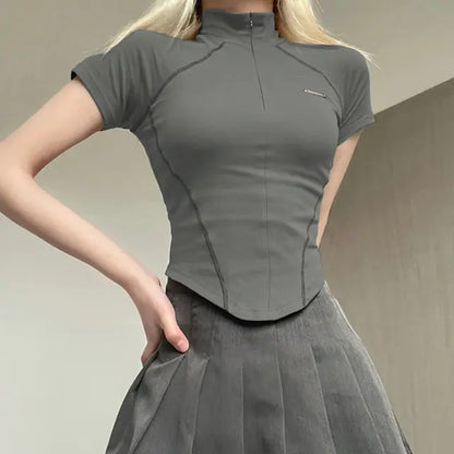 Gray Stitched Turtleneck Top